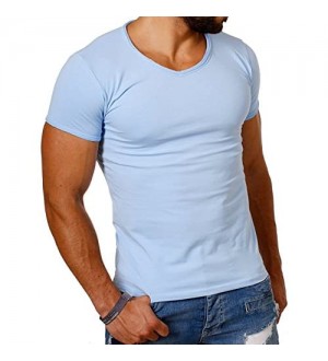 CARISMA Herren Uni Basic T-Shirt mit tiefem V-Ausschnitt Vintage Look Kragen Effekt einfarbig Dehnbare Passform