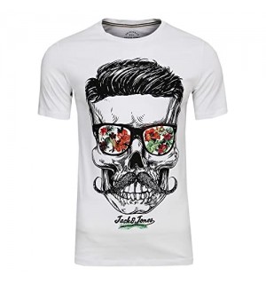 JACK & JONES Herren Festival Support T-Shirt l Crew Neck l mit Flower Bart Skull Hipster Totenkopf Schädel Print