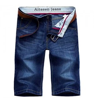 AITESEN N6061 Herren Jeans Shorts Sommer Kurze Hose ohne Guertel W28-W44 Dunkelblau