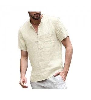 COOFANDY Herren Leinen Shirt Kurzarm Stehkragen Slim Fit mit Brusttaschen aus Baumwolle Sommer Casual Shirts für Männer