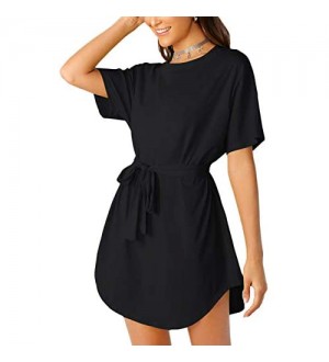 Clearlove Damen Freizeitkleid Casual Kleid Tshirt Kleid Tunika Kleid Langarm MiniKleid mit Gürtel (Verpackung MEHRWEG)