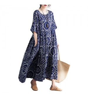 Romacci Damen Vintage Baumwolle Leinen Kleid Druck Gespleißt Gestreift O-Ausschnitt Kurzarm Tasche Lockeres Kleid