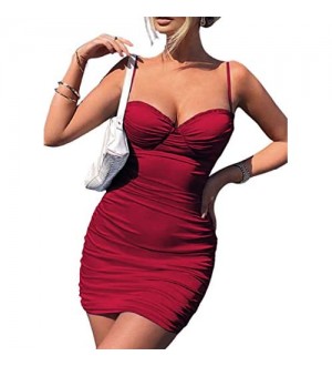 CORAFRITZ Damen Sexy Skinny Cami Mini-Kleid modisch einfarbig quadratischer Ausschnitt gerüscht Bauchkontrolle Partykleid