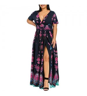 iYmitz Damen Übergröße Maxikleid Elegant V-Ausschnitt Kurzarm Kleider mit Blumen Pailletten Abend Party Netzkleid