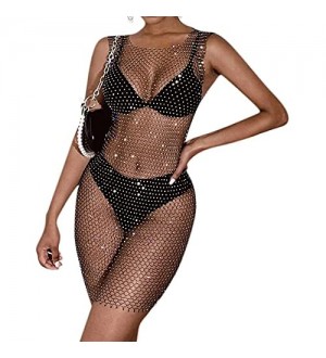 JUMISEE Damen Midi-Kleid mit glitzernden Strasssteinen und Netzstoff durchsichtig figurbetont sexy Aushöhlung Strand-Bikini Festival-Outfit Schwarz