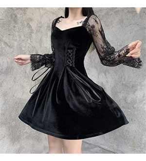 YUNCHENG Gothic Lolita Bandage Black Dress Frauen Vintage Sexy Spitze Puff Sleeve Kleid Ästhetische Elegante Hohe Taille Party Kleider (Size : Medium)