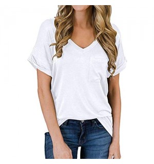Bequemer Laden T Shirt Basic Damen Shirt V-Ausschnitt Tunika Kurzarm Oberteil Bluse Top Lässig Locker mit Taschen