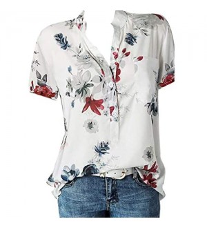 JUTOO Tops Damen Shirt Blumendruck Pocket Plus Size Kurzarm Bluse Lässige Mode S—5XL