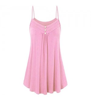 KPILP Women Tank Loose Tops Solid Button Sleeveless Vest Top Blouse T-Shirt(A-Pink UK-14/CN-S)
