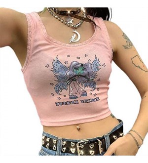 Mädchen Damen Grafikdruck Crop Tank Top Rundhals ärmellose Weste Casual Y2K E-Girl Tops Bluse Streetwear