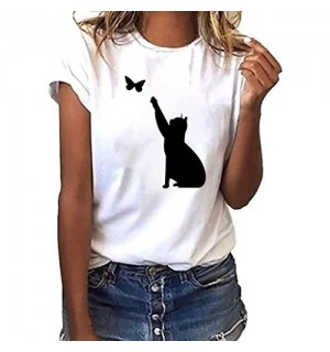VEMOW Shirts Damen Kurzarm T-Shirt mit Katze Muster Oberteile für Damen Mode Tops Sommer Rundhals Freizeit Top Loose Bluse