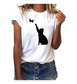 VEMOW Shirts Damen Kurzarm T-Shirt mit Katze Muster Oberteile für Damen Mode Tops Sommer Rundhals Freizeit Top Loose Bluse