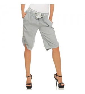 Mississhop Damen Capri 100% Leinen Bermuda lockere Kurze Hose Freizeithose Shorts mit Gürtel und Knöpfen