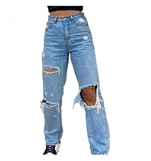 Damen High Waist Hole Jeans Lässige einfarbige Hose Elastic Loose Straight Pants mit Knopf und Tasche