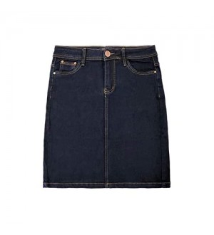 Damen Denim Jeans Rock Classic Stretch Knielang Basic Midi Skirt Dicke Kontrast Naht mit Schlitz