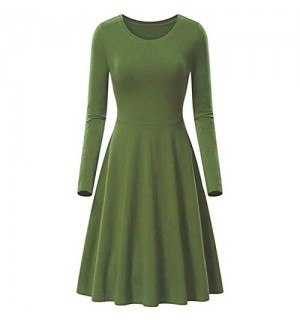 EFOFEI Damen Swing Rundhalsausschnitt Langarm Midi A Line Solide Lässig Elegantes Dünnes Kleid