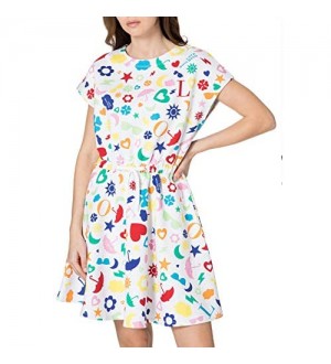 Love Moschino Damen Fleece Printed in Allover Multicolor Symbols Print with Short Sleeves Flared Skirt and Elastic Belt. Casual Dress