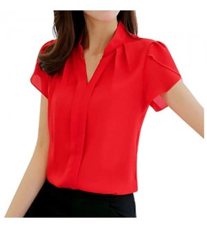 iHENGH Women Summer Work Office V Neck Short Sleeve Solid Chiffon Blouse Plus Shirt Top