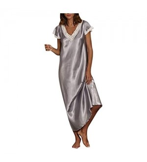 Qigxihkh Damen Kurzarm V-Ausschnitt Homewear Pyjamas Langes Kleid Nachthemden Nachtwäsche