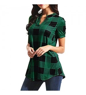 ReooLy Frauen Lässige Plaid Printed Kurzarm V-Ausschnitt Unregelmäßiger Rand Bluse T-Shirt Tops