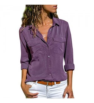 RODMA Sommermode Lässig Frauen Lässig Solide Langarm Turn Down Kragen Taschen Button Front Shirt Tops